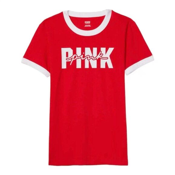 PINK Victoria's Secret 100% Cotton Short Sleeve Campus Ringer Red T-Shirt M - Picture 4 of 10